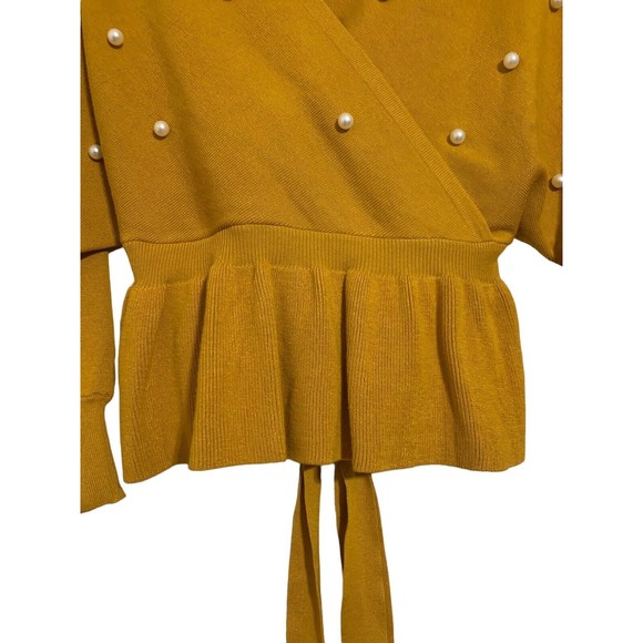 Mustard V-Neck Sweater with Pearl Accents - Picture 5 of 15